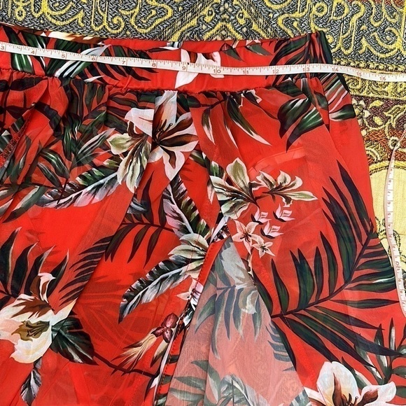 TROPICAL Two Piece Skirt Set Red Size Large Palm Print Lillies Summer - Picture 14 of 16